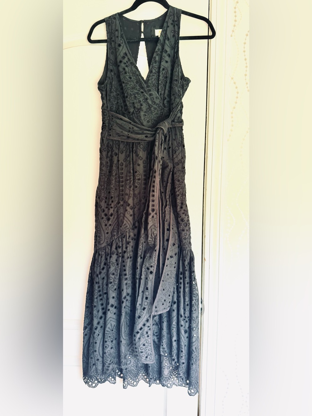 Anthropologie Maeve Black Eyelet Wrap Front Midi Dress Open Back sleeveless - Picture 5 of 5
